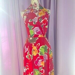 Vintage Collared Jackie Bernard Red Floral Low Back Halter Dress Size 14